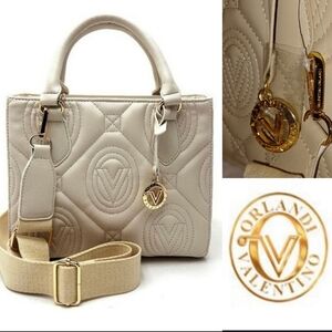 Valentino Orlandi Quilted V Bag & Pendant, Light Taupe, Vegan Leather